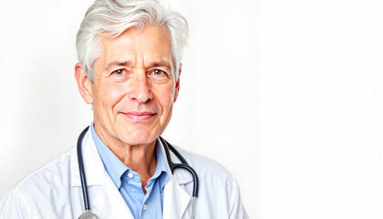 Elderly doctor smiling while posing in a clinical environment  