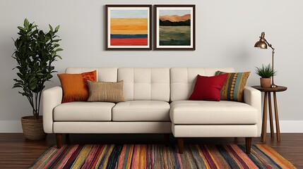 Cozy living space featuring a stylish sofa with colorful pillows, framed wall art, plants, and a vibrant striped rug.