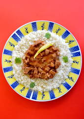 Hungarian beef goulash on a bed of long grain rice. 