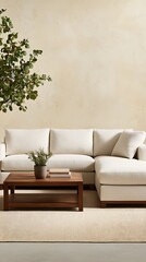 Serene living space showcasing a modern sectional sofa, a stylish wooden coffee table, and natural greenery against a neutral textured wall.