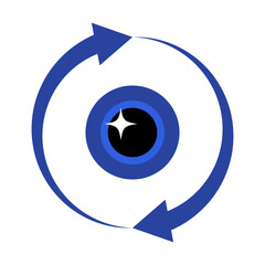 Obraz premium Eye Rotation Symbol. Abstract Vision and Motion Concept Vector Illustration. A stylized black eye with a white sparkle at its center, surrounded by concentric blue rings.