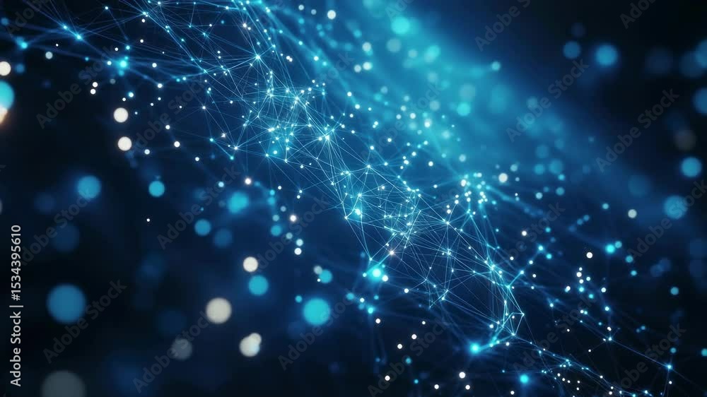 Poster abstract digital network with glowing nodes and lines, captured from a dynamic angle, resembling a f