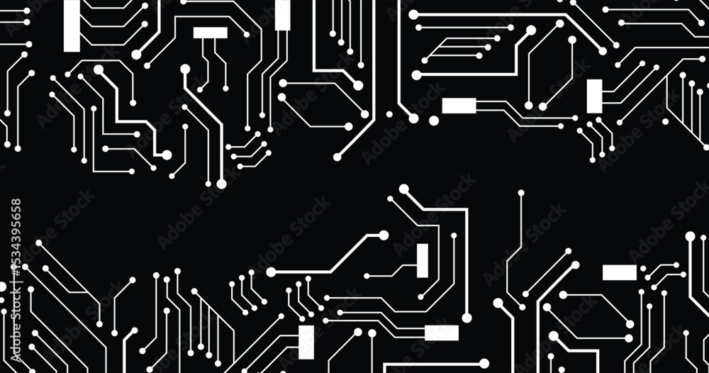 Poster circuit board texture background, seamless pattern. white lines and dots on black background. vector