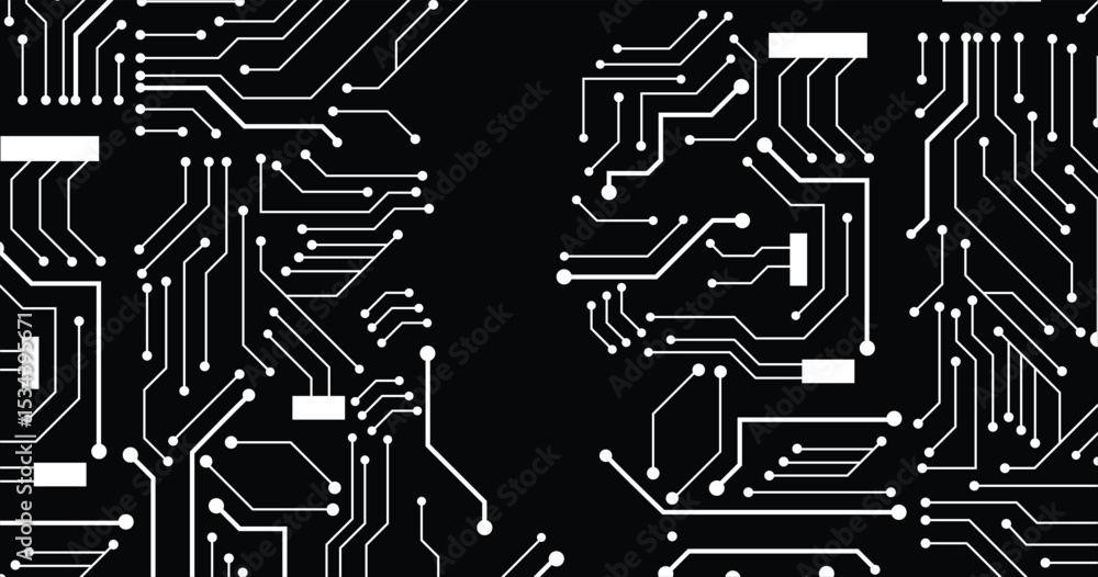 Poster circuit board texture background, seamless pattern. white lines and dots on black background. vector