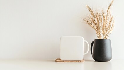 A mockup of an empty white square coaster on the table, next to it is a mug and a vase with wheat branches, in a minimalistic interior design