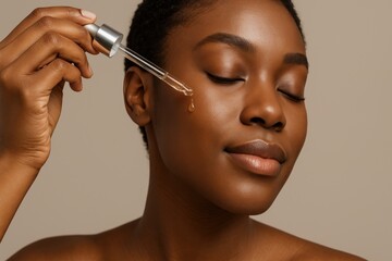 Woman applying skincare serum for a radiant complexion in natural light at home