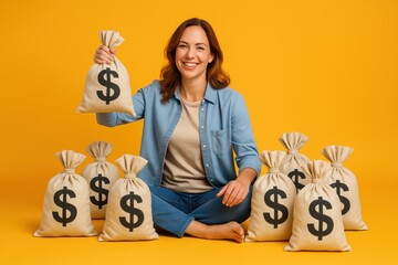Woman holding money bag surrounded by sacks of cash on bright yellow background