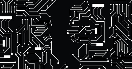 Circuit board texture background, seamless pattern. White lines and dots on black background. Vector design.