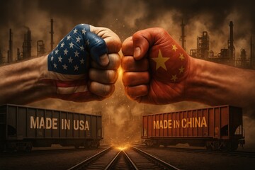 Tension between US and China depicted through symbolism of trade and rivalry