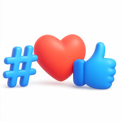 Colorful 3D icons representing social media engagement with a hashtag, heart and thumbs up against a transparent background suitable for technology graphics