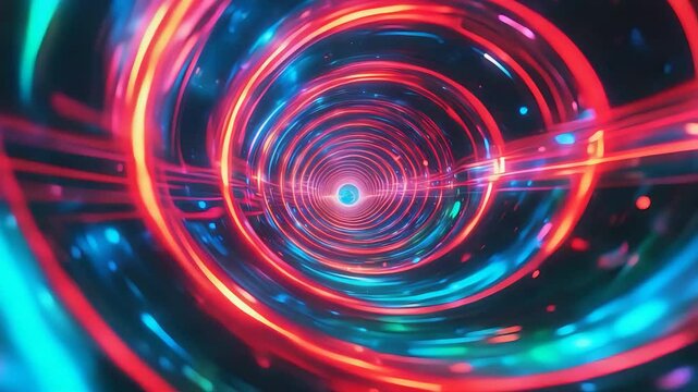 Dynamic Futuristic Tunnel with Neon Red and Blue Light Trails Spiraling into Vortex with Digital Abstract Energy Flow and Motion Blur

