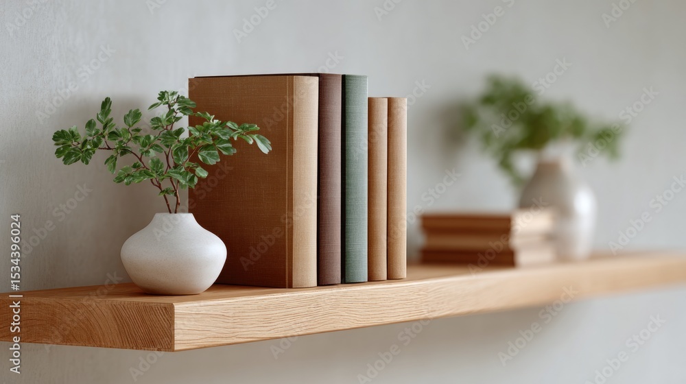 Poster close-up of minimalist bookstore shelves with neatly organized books captured in soft diffused light