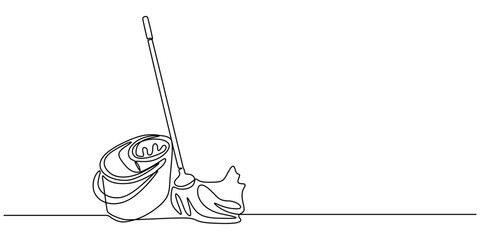 Continuous one line drawing of mop and bucket. Cleaning concept. Simple vector illustration, Single line draw design vector graphic illustration. Cleaning tools one line colored continuous drawing. 