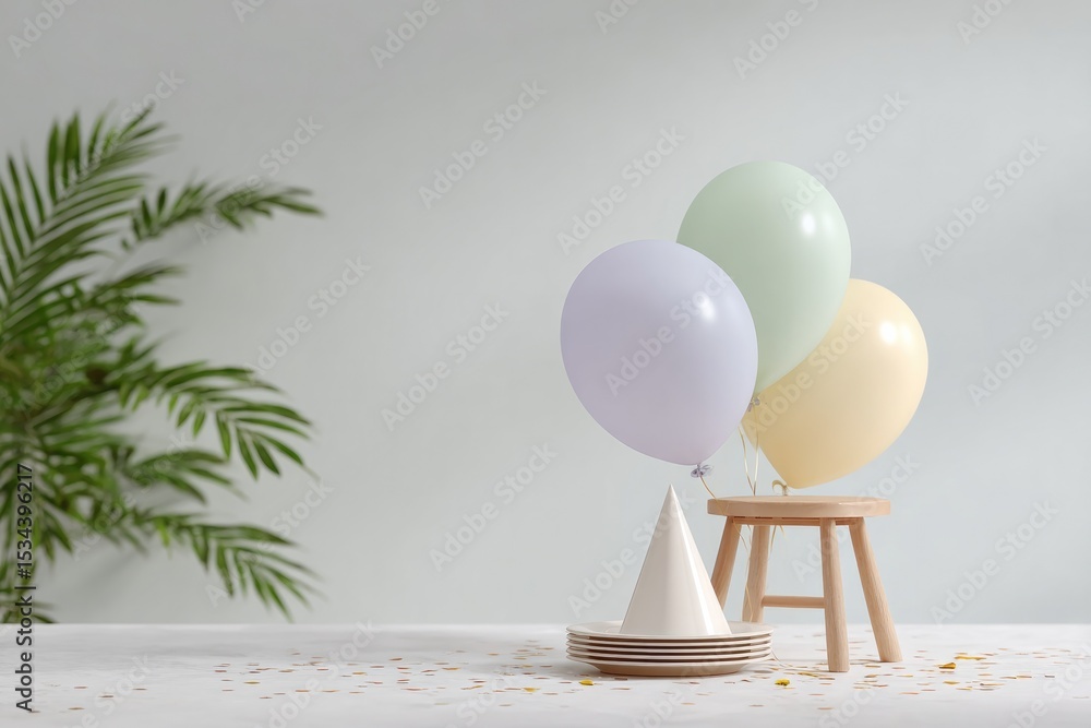 Poster minimalistic celebration scene featuring colorful balloons confetti scattered across floor and simpl