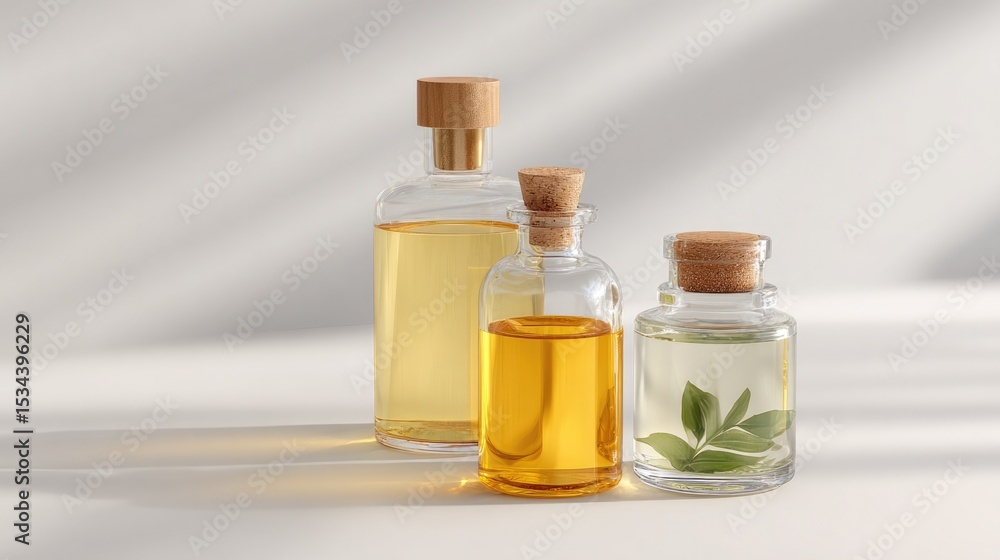 Poster minimalistic composition of various skincare oils on pure white background with ample copy space for