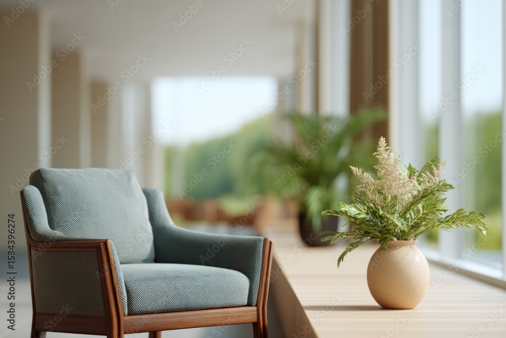 Poster minimalistic image of serene hotel lobby with blurred distant figures in background