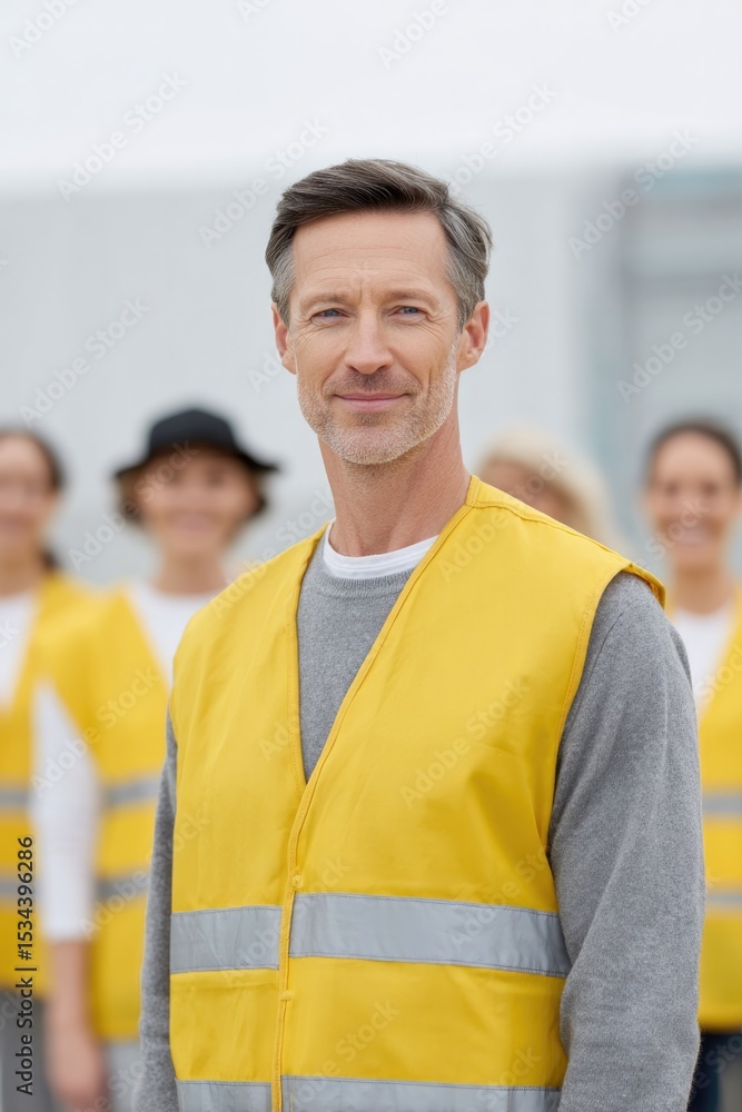 Poster minimalistic photo capturing diverse volunteers of different ages and backgrounds working together o