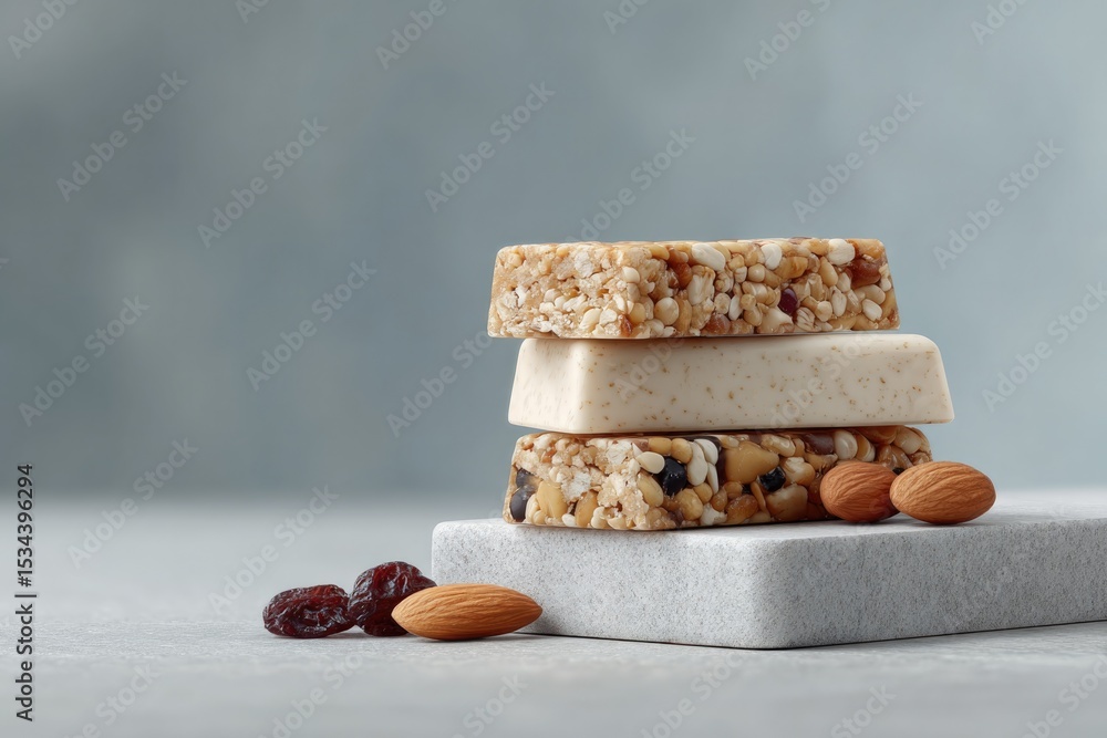 Poster minimalistic image of various energy bars neatly arranged on clean surface with abundant copy space
