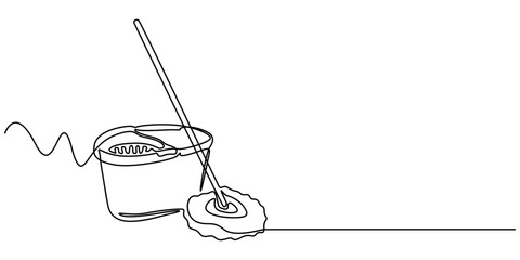 Continuous one line drawing of mop and bucket. Cleaning concept. Simple vector illustration, Single line draw design vector graphic illustration. Cleaning tools one line colored continuous drawing. 
