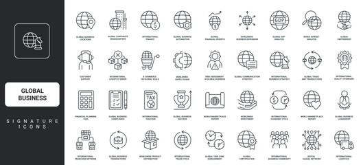 Economy of world, embargo and tax, customer support thin black outline symbols vector illustration. Global business, international cooperation and enterprise strategy, network line icon set.