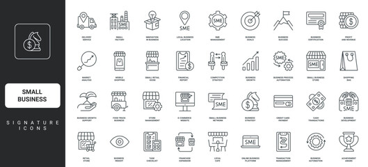Retail shop building, local market and restaurant location, thin black outline symbols vector illustration. Small business development, franchise, commercial strategy of SME line icon set.