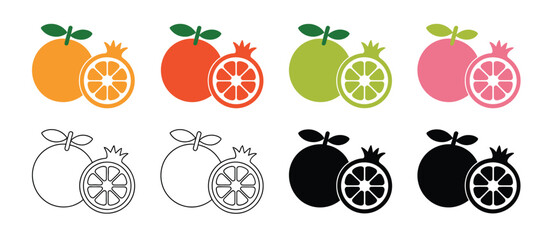 Colorful orange and pomegranate fruit icons