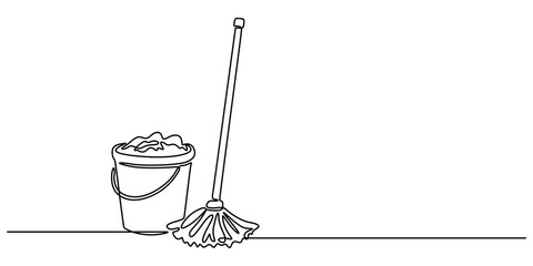 Continuous one line drawing of mop and bucket. Cleaning concept. Simple vector illustration, Single line draw design vector graphic illustration. Cleaning tools one line colored continuous drawing. 
