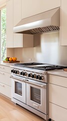 Modern Kitchen with Sleek Range Oven, Stylish Ventilation Hood, and Contemporary Cabinetry Design Featuring Fresh Fruit Accents.
