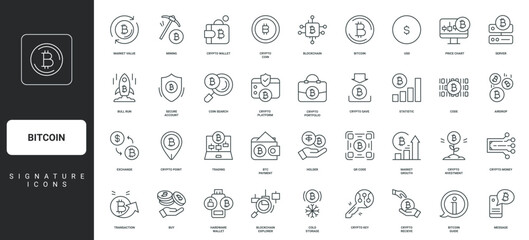 Crypto investment, virtual tokens and coin mining thin black outline symbols vector illustration. Bitcoin, cryptocurrency management and trade, fintech, transaction with wallet line icon set.