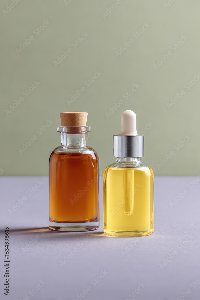 Poster vibrant color background with assorted skincare oils arranged elegantly in balanced minimalistic lay