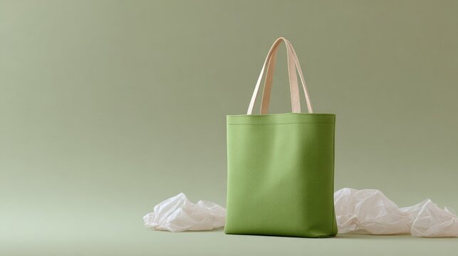 3d rendered scene highlighting single reusable shopping bag surrounded by scattered plastic bags against muted backdrop