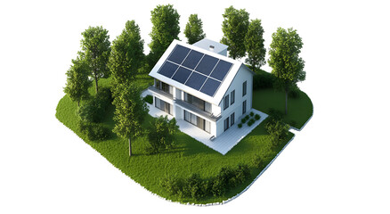 Modern house with solar panels on the roof surrounded by greenery landscape