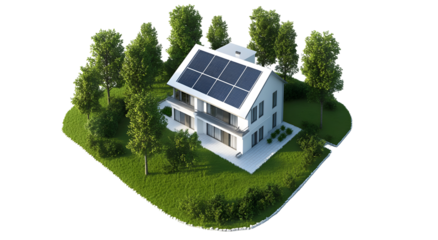 Modern house with solar panels on the roof surrounded by greenery landscape