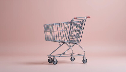 Shopping cart on pink background, modern design, minimalistic style, copy space  