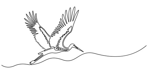 Heron stork single continuous one line out line vector art drawing on white background, Continuous one single minimal line drawing Cranes, Stork bird continuous one line drawing minimalism design.