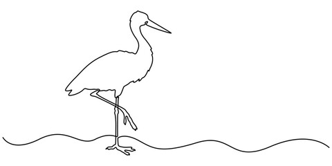 Heron stork single continuous one line out line vector art drawing on white background, Continuous one single minimal line drawing Cranes, Stork bird continuous one line drawing minimalism design.