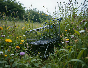Abandoned shopping cart in wildflower field, natural setting, contrasting elements, copy space  