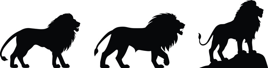 Majestic Lion King Silhouette Collection, Powerful Wild Animal in Various Poses, Roaring and Standing on Rock, African Safari Wildlife Vector Graphics for Strength and Leadership Themes.