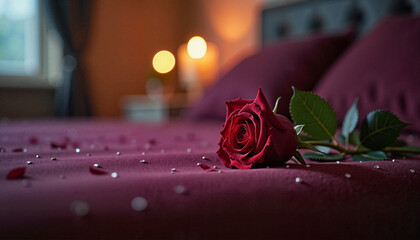 Red rose on bed in bedroom