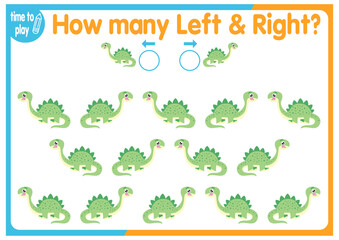 Children's educational game, tasks. Count how many elements will be placed on the right and how many on the left. Dinosaurs.	
