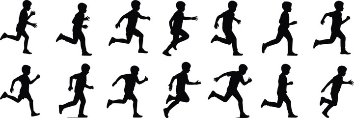  Dynamic Running Boy Silhouettes Collection, Energetic Child in Various Action Poses, Kid Playing and Exercising, Youthful Motion Vector Graphics for Sports and Childhood Designs.