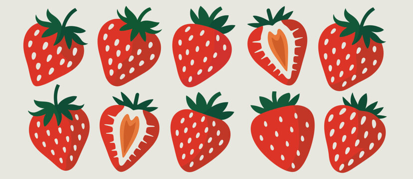 Ten red strawberries flat lay illustration