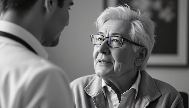 Elderly woman talking to a caregiver in a cozy indoor setting  