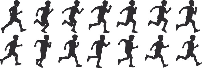 Naklejka premium Dynamic Male Athlete Running Silhouettes Collection, Young Man in Various Sprinting and Jogging Poses, Energetic Sport and Fitness Vector Graphics for Active Lifestyle Designs.