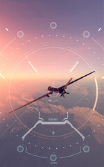 Satellite view of land, war operations, sci-fi. Military target. Drone flying over an area. Military operation. Undercover operation. Mountain reliefs and plains. Radar. Hud. 3d rendering