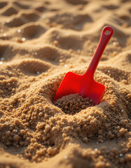  plastic shovel positioned in a mound of sand at the beach