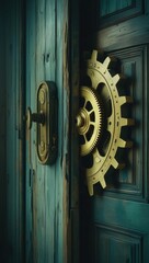 Time never turn back, A surreal collage of a door to yesterday, sealed with glowing gears, high fidelity image.