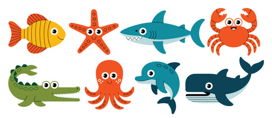 Cute cartoon sea animals illustration set