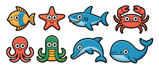Cute cartoon sea animals collection illustration
