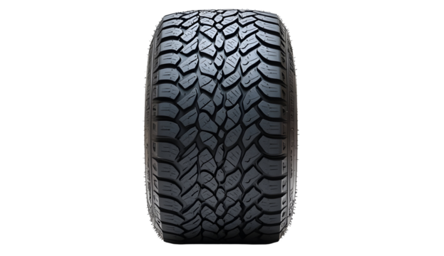 Detailed view of a rugged all-terrain vehicle tire tread against black backdrop